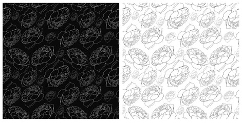 Set Large blooming peonies Black and white sketch Seamless pattern On a white and black background