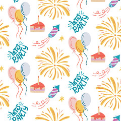 Happy birthday vector seamless pattern. Balloons, fireworks and cake on a white background