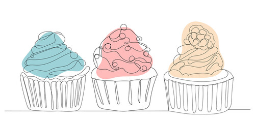 cakes drawing in one continuous line, isolated, vector