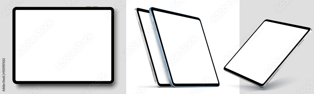 Leinwandbilder Blank screen realistic tablet frame, rotated position, side view, top view. The tablet is at different angles. Layout of a universal set of devices. UI, UX Template for infographics or presentation.