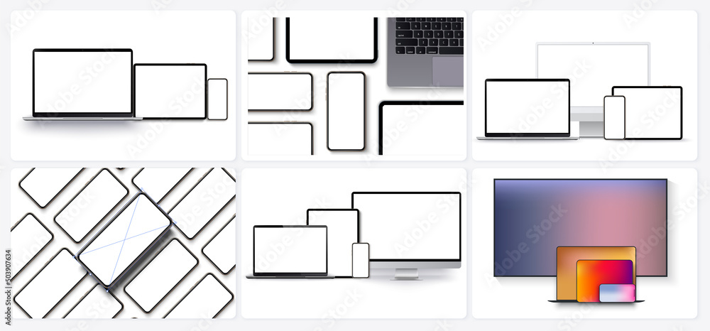 Poster a large set of modern devices from phones, laptops and tablets consisting of different compositions.
