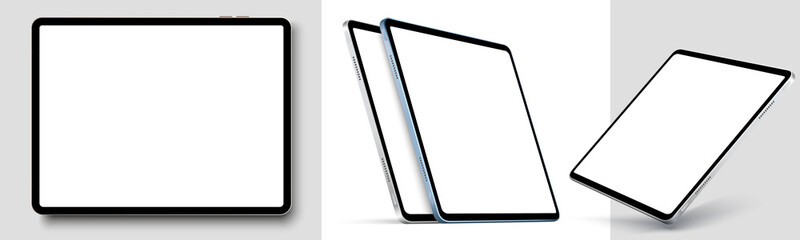 Fototapeta Blank screen realistic tablet frame, rotated position, side view, top view. The tablet is at different angles. Layout of a universal set of devices. UI, UX Template for infographics or presentation. obraz