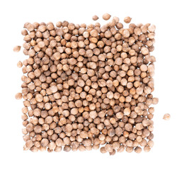 Coriander seeds isolated on white background. Cilantro grain. Organic spice. Top view.