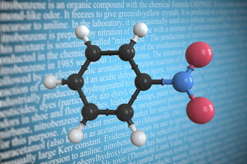 Nitrobenzene scientific molecular model, 3D rendering
