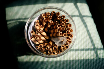 Top view chocolate wafer stick roll in the jar