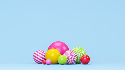 multicolored spheres and toys on blue background, 3d render