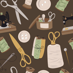  seamless pattern sewing tools equipment set knitting vector isolated dark background