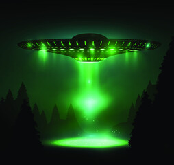 Realistic UFO, Unidentified flying object. Alien space ships with green light beam, smoke and sparkles. Mystical green background © makstorm