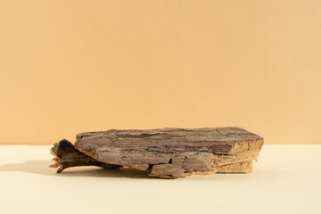 Abstract minimal tree bark scene. Natural wooden podium on beige background. Concept natural...