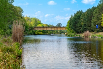 The Teltow Canal with the former highway bridge, Teltow canal bridge, and the former checkpoint...