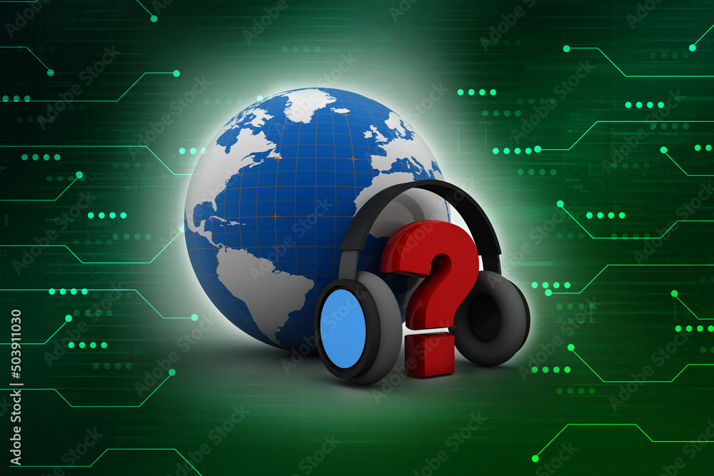 Poster 3d rendering question mark connected headphone