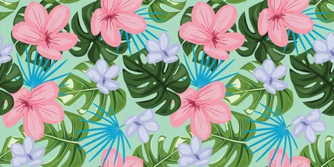 Fototapeten Tropical floral background with leaves and flowers. Seamless floral pattern with frangipani flowers and monstera leaves on green background. For textile, paper, wrapping paper, packaging.  © Marina