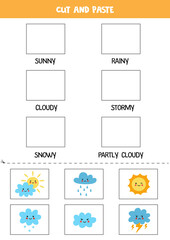 Cut weather pictures and paste them into right boxes. Worksheet for kids.