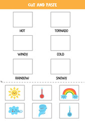 Cut weather pictures and paste them into right boxes. Worksheet for kids.