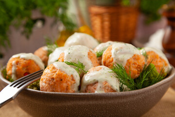 Salmon Meatballs with Red Rice.