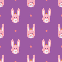 Cute rabbit face on purple background, vector seamless pattern