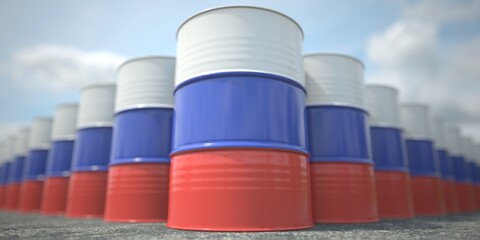 Barrels or oil drums with flag of Russia. Petroleum or chemical industry related 3D rendering