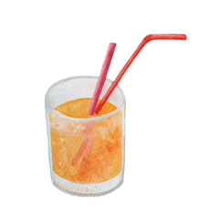 Watercolor glass of orange juice illustration. Hand drawn fresh summer cocktail with straw isolated on white background. Party alcohol drink. Cold lemonade painting. Fruit beverage for menu, cards