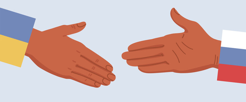 Illustration of hands under the flags of Russia and Ukraine in reaching out to meet each other. It symbolizes a peace treaty, friendship, the end of a war, a truce, a deal.
