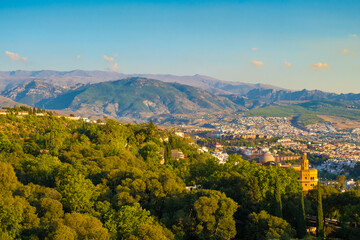 Fototapeta premium Aerial view of the city of Granada with Sierra Nevada on background