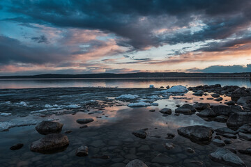 View of Onega Lake at sunset in Medvezhjegorsk