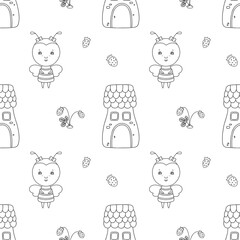 Cute bee, berry and fairy house on vector seamless pattern. Children illustration for fabric, textile, wallpaper.