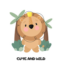 Cute Lion. Cartoon style. Vector illustration. For card, posters, banners, children books, printing on the pack, printing on clothes, fabric, wallpaper, textile or dishes.	
