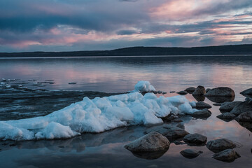 View of Onega Lake at sunset in Medvezhjegorsk