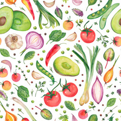 Watercolor illustration of vegetables. Seamless pattern on a white background. A set of vegetables: tomatoes, avocado, garlic, hot pepper, onion, green peas and herbs. Fresh organic products.