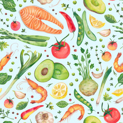 Watercolor illustration of the Mediterranean diet. Seamless pattern. A set of vegetables and seafood: tomatoes, salmon, shrimp, avocado, garlic, celery root, hot pepper, onion, green peas and herbs.