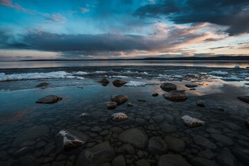 View of Onega Lake at sunset in Medvezhjegorsk