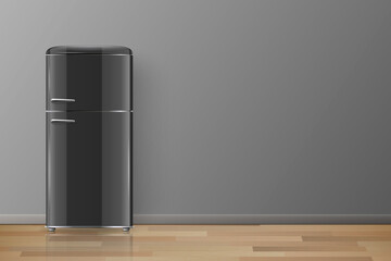 Vector Banner with 3d Realistic Glossy Black Retro Vintage Fridge Isolated. Vertical Simple Refrigerator. Closed Fridge. Design Template, Mockup of Fridge. Front View