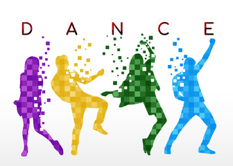 Colorful silhouettes of people dancing on white background. Illustration