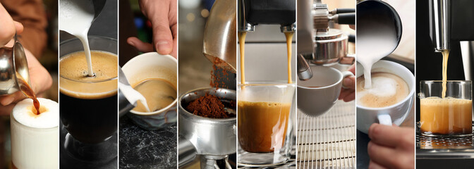 Beautiful collage with different photos of aromatic coffee. Banner design - obrazy, fototapety, plakaty