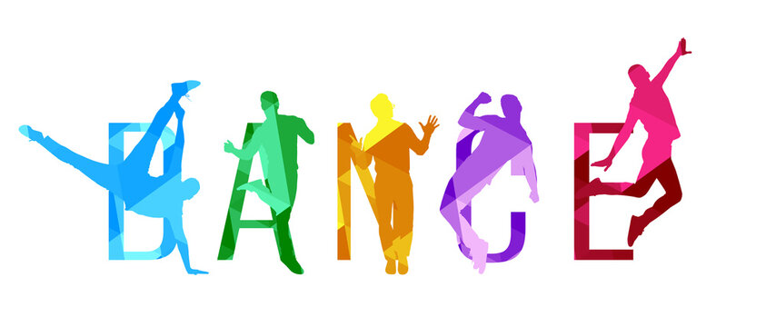 Colorful silhouettes of men dancing on white background, illustration. Banner design