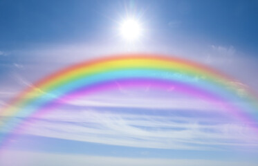 Beautiful view of bright rainbow in blue sky on sunny day