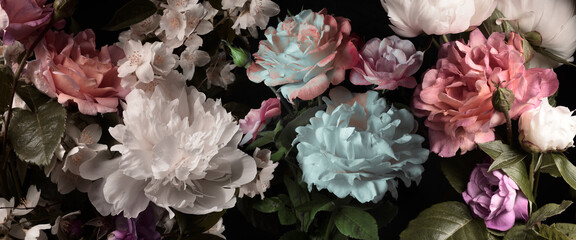 Peonies and roses on a black background, vintage wallpaper, studio shot. - obrazy, fototapety, plakaty