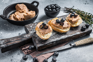 Toast with Foie gras pate and fresh blueberry on wooden board. Gray background. Top view
