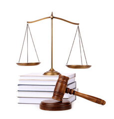 Wooden gavel, books and scales of justice on white background