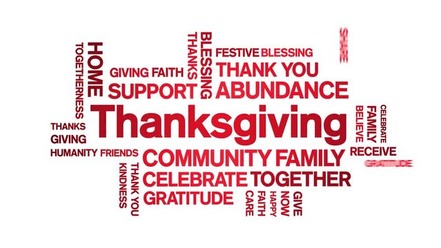 Thanksgiving Animated tag word cloud;text design animation kinetic typography seamless loop.