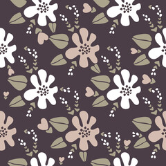 Modern floral pattern vector pattern, big flowers and small flowers in pink and white, dragonflies, bees on brown background. Seamless pattern set in a minimalist style. Modern design for paper