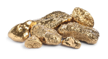 Pile of gold nuggets on white background
