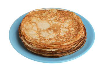 Stack of delicious crepes on plate against white background