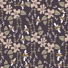 Modern floral pattern vector pattern, big flowers and small flowers in pink and white, dragonflies, bees on brown background. Seamless pattern set in a minimalist style. Design for paper, textile