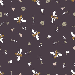 Modern vector floral pattern, small flowers, dragonflies, butterflies, insects with wings on a brown background. Seamless pattern in a minimalist style. Modern design for paper, textile