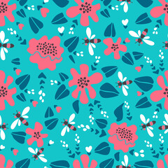 Modern vector floral seamless pattern, large flowers flowers in coral and white colors, dragonflies, flying insects on a turquoise background. Seamless in a minimalist style for paper, textile