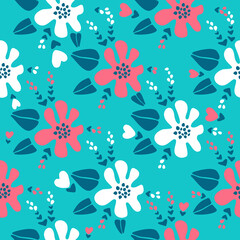 Modern vector floral seamless pattern, large flowers flowers in coral and white colors, dragonflies, flying insects on a turquoise background. Seamless in a minimalist style for paper, textile.