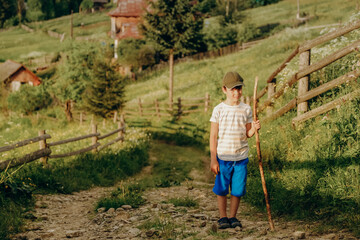 A boy walks along a dirt road in a village in the summer in the Alpine mountains.