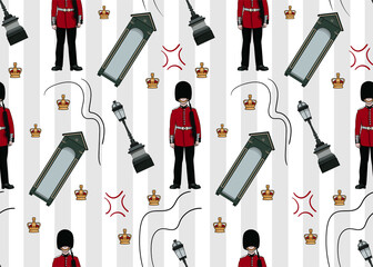 Seamless pattern of British Royal Guardsman at Palace in London in a box. - obrazy, fototapety, plakaty