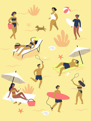 Summer people on beach.Man and woman enjoying sun and vacations.